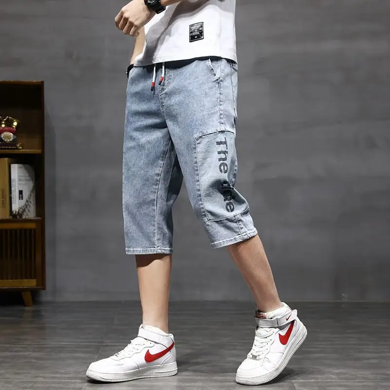 Koreon Summer Men Slim Capris Denim Shorts Streetwear Fashion New Essentials Elastic Waist Big Size Male Straight Casual Jorts