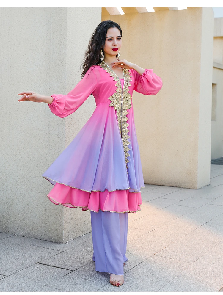 التدرج الألوان الشعبية زي بانداري أداء مجموعة المنافسة وتتسابق الثناء الرقص المطرزة التنانير الكاملة السراويل الزي #4