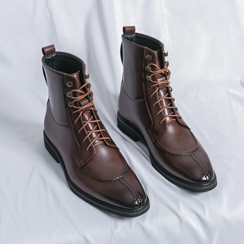 

British Style Men Brown Leather Boots Pointed Toe Lace-up Leather Ankle Boots For Men Autumn Winter High Top Men Dress Shoes