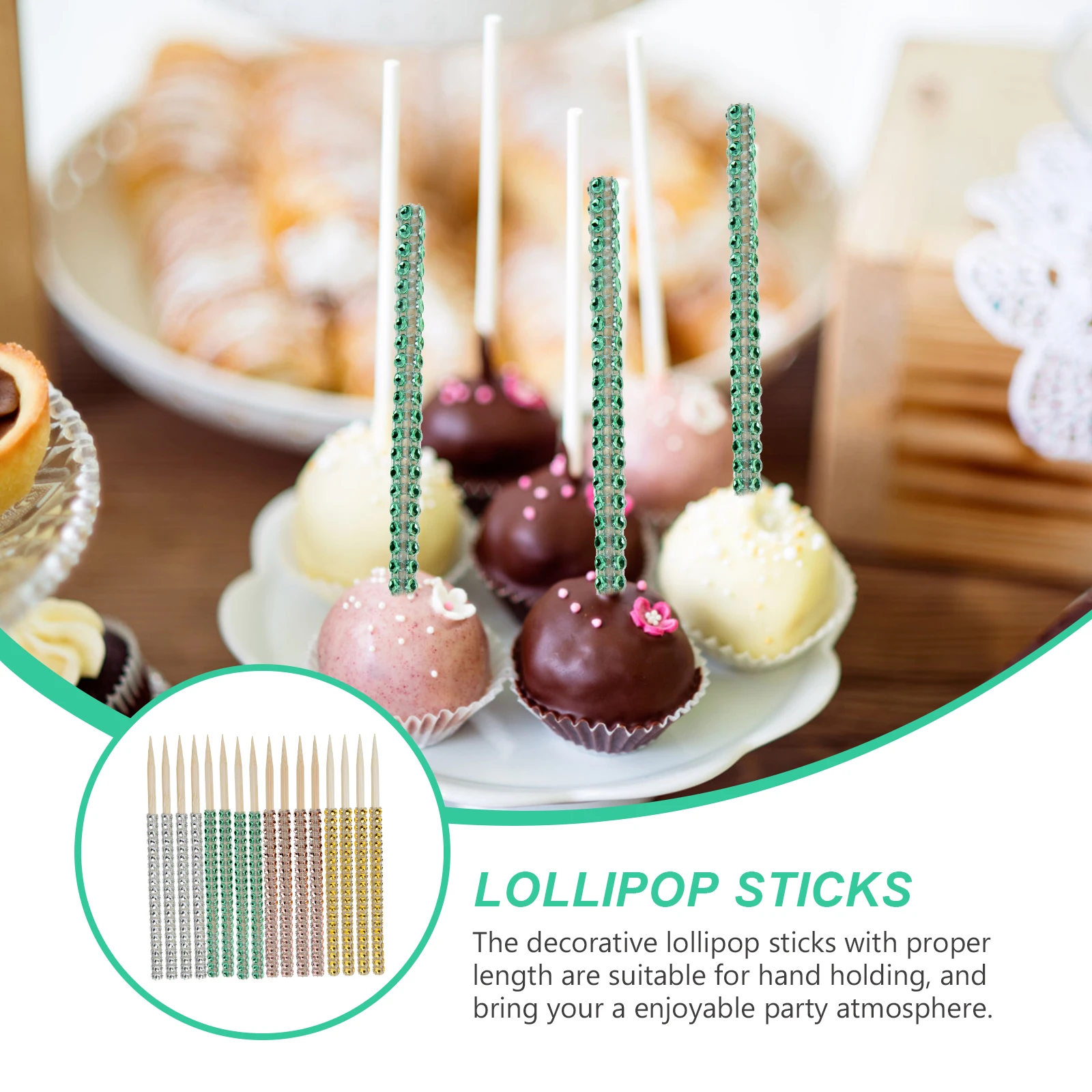 

12pcs Decorative Lollipop Sticks Reusable Wooden Candy Picks Shiny Rhinestone Party Cake Dessert Apples Sticks Multifunctional