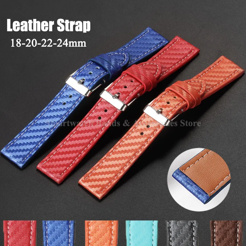 18mm 20mm 22mm 24mm Leather Watch Strap Universal Sport Wrist Band Carbon Fiber Patterned Bracelet Men Women Watch Accessories