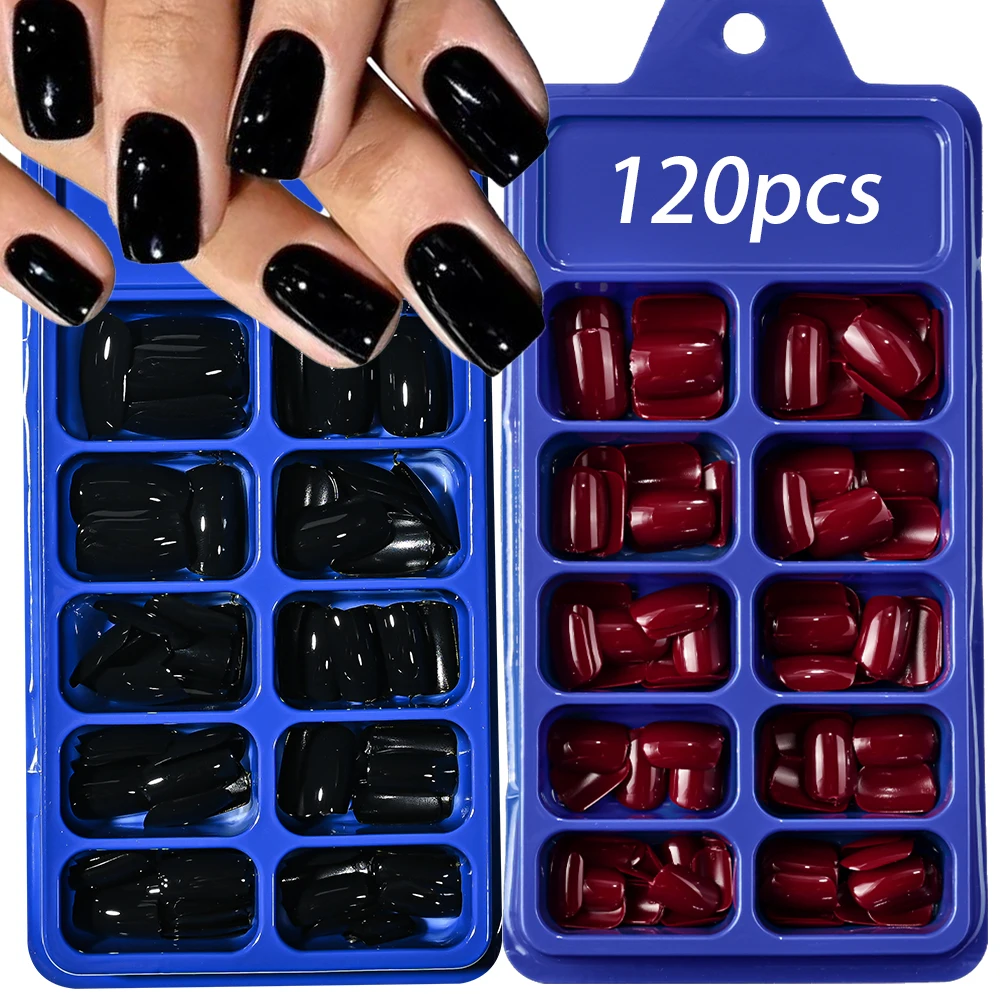

120Pcs Black Square Press on Nails 10Sizes Glossy Short Square Fake Nails Tips Reusable Acrylic Nails Press on Nails Fingernails