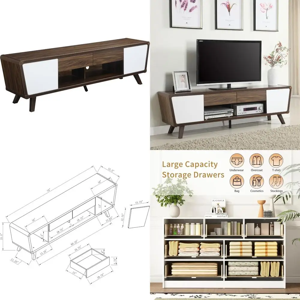 حامل تلفزيون من الخشب المفصلي مقاس 74 بوصة مع بابين، وأدراج تخزين، وخزائن، ولمسة نهائية بيضاء، ومركز ترفيه موفر للمساحة