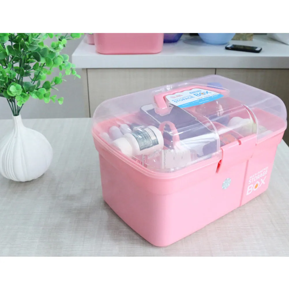 

Multi-Function Portable Medicine Box Pink Double Layer Storage Cabinet Shockproof Medicine Organizer -Aid Case