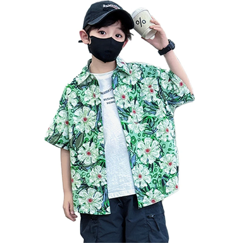 Summer Big Boys Loose Style Green Color Floral Shirt for Kids Child High Fashion Streetwear Outfit Tweens Short Sleeve Blouse
