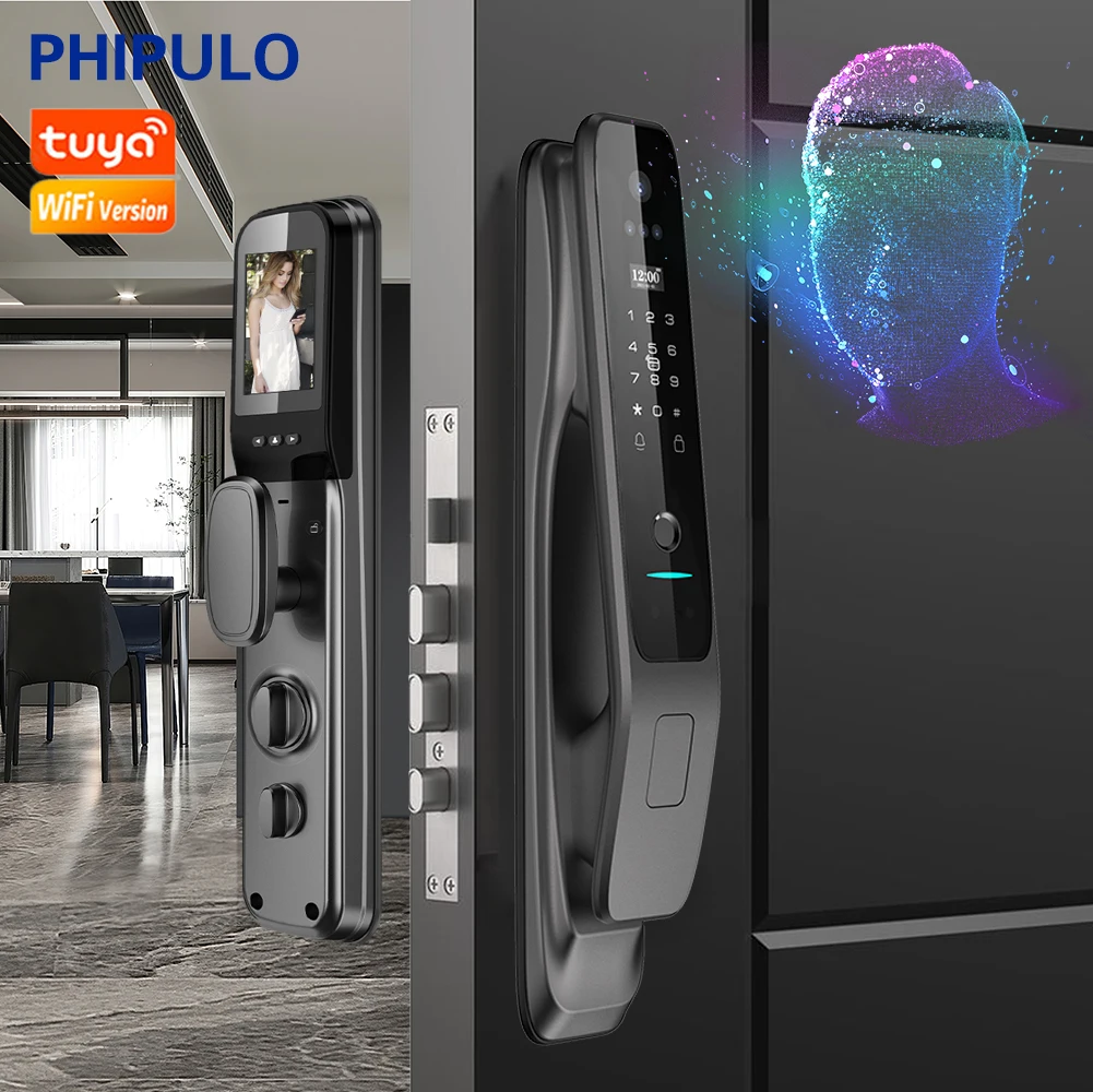 PHIPULO Tuya 3D Face Digital Electronic Lock Security Cat Eye Smart Lock Remote Unlocking Biometric Waterproof Smart Door Lock