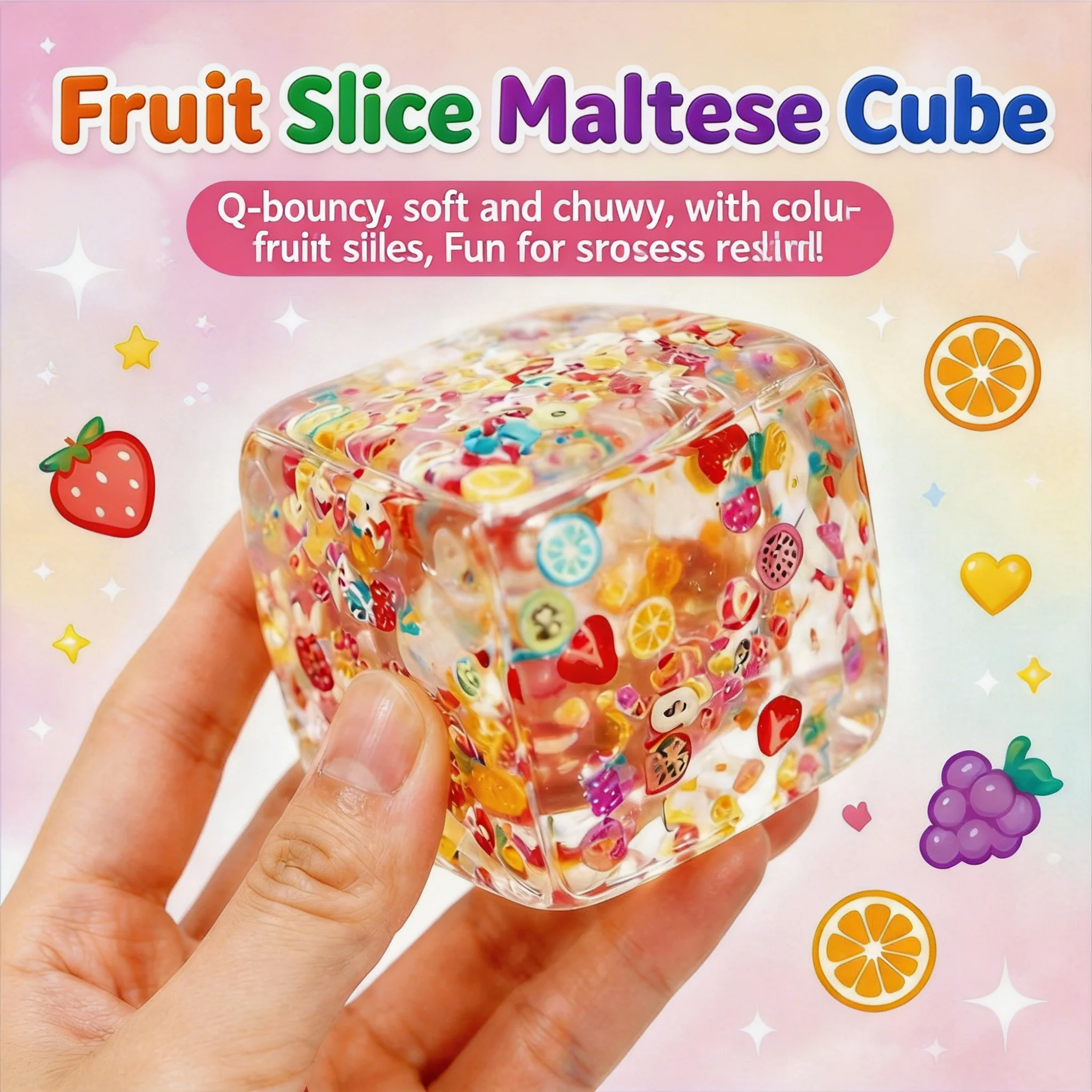 2026 New 5cm Fruit Maltose Cube Squishy Toy Soft Transparent TPR Stretchable ASMR Decompression Toy Prank Decor For Adults