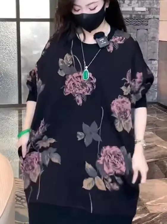 เสื้อสเวตเตอร์พิมพ์ลายทรงยาวสไตล์เรโทร ไซส์ใหญ่ 300 ปอนด์ สำหรับผู้หญิง ฤดูใบไม้ร่วง ฤดูหนาว เสื้อคลุมสไตล์เกาหลี ลายดอกไม้