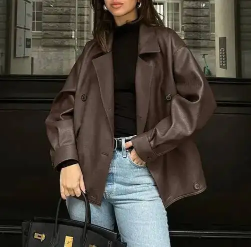 Retro Temperament Suit Collar Autumn New Women's Solid Color High Street Fashion Lapel Loose Leather Jacket