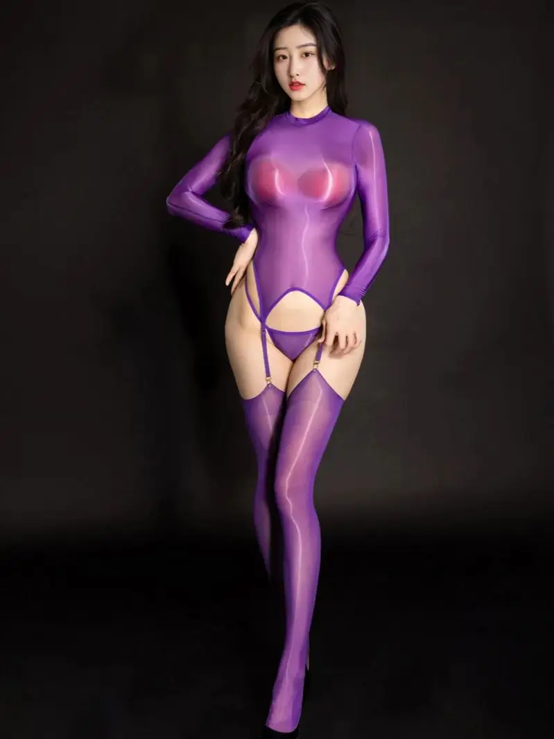 Glossy Shiny Outfit Crotchless Long Sleeve Bodysuit Tights Hot Sexy Transparent Clubwear Lingerie Stocking Body Garter Belt Set
