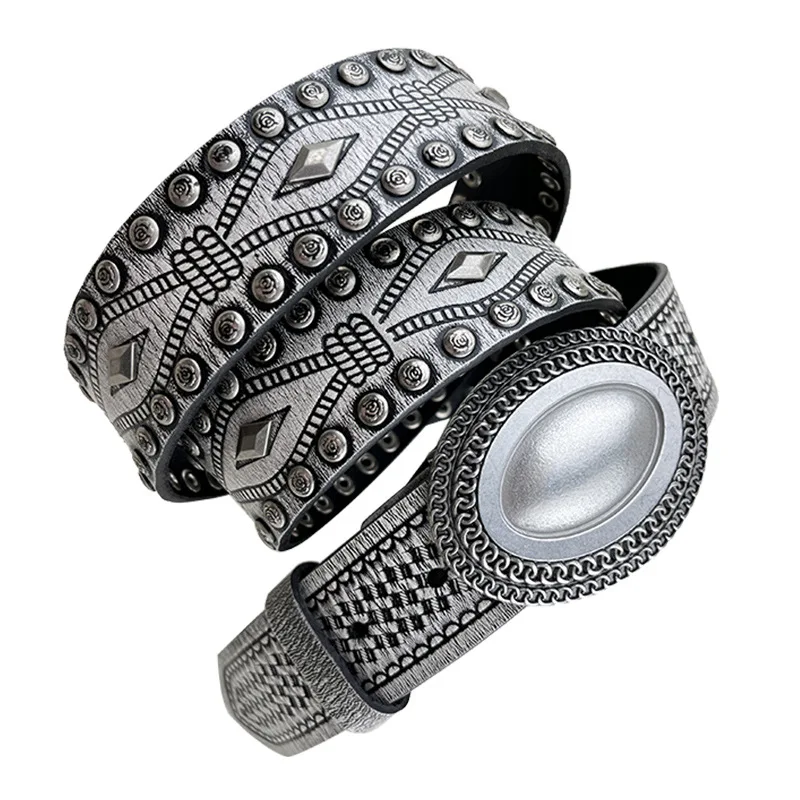 

New Embossed Top Layer Cowhide Belt, Trendy Color Contrast Rivet Knight Style Genuine Leather Belt for Men & Women