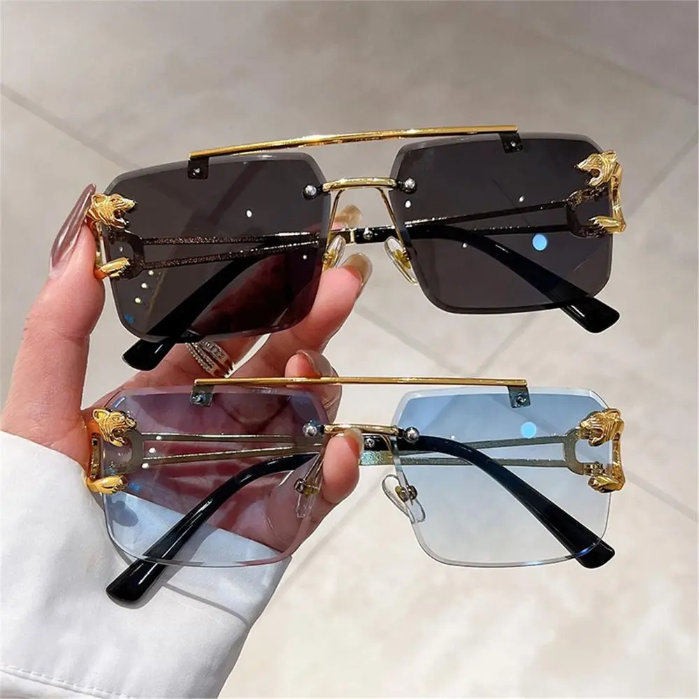 Retro Double Bridge Rimless Sunglasses Metal UV400 Cheetah Decor Sun Glasses Oversized Square Shades for Women & Men