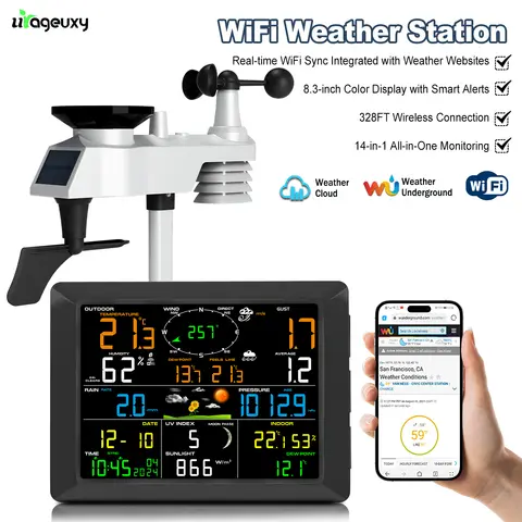 WiFi Weather Station 14-in-1 Wireless with Color Display Real-Time Sync to Weather Underground 100m Range Smart Home Sensor