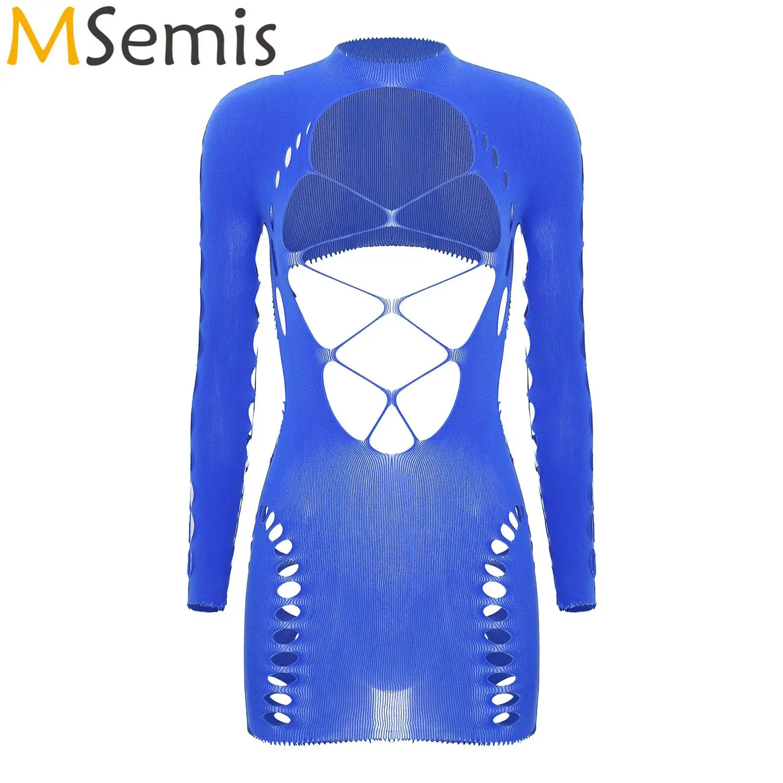 Womens Open Butt Stretchy Bodycon Dress Swimsuit Bikini Cover Up Swimwear Long Sleeve Backless Sexy Sheer Fishnet Lingerie Dress