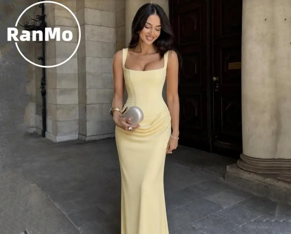 Ranmo Customized 2026 Yellow Mermaid Spaghetti Strap Prom Dresses Vestidos De Fiesta Pleated Corest Floor Length Evening Dresses
