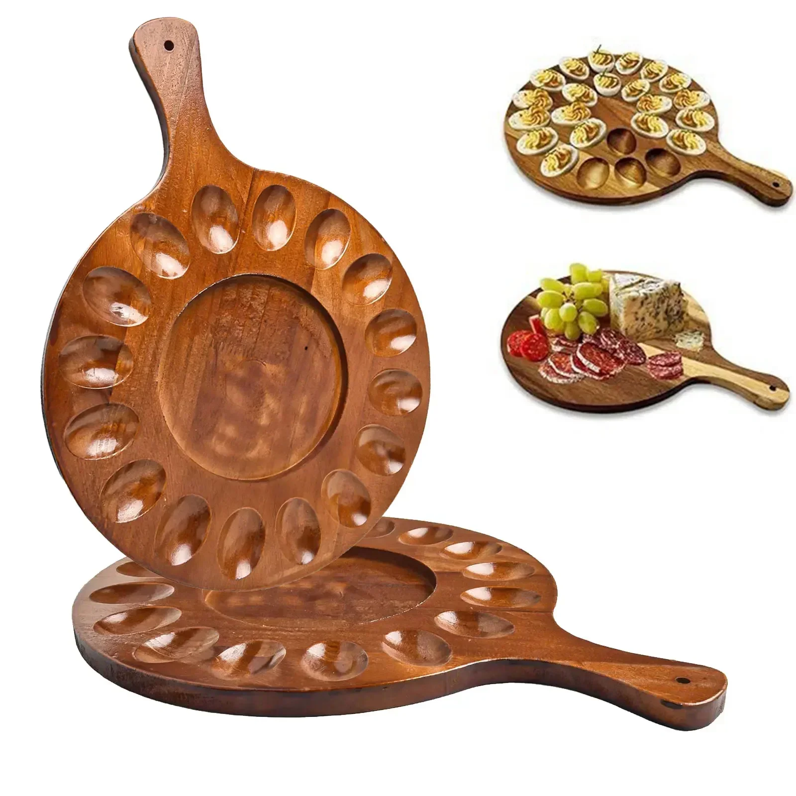 

40*29.5*1.7cm Deviled For Egg Platter, Wooden Deviled For Egg-Tray 16 Holes Round For Egg-Holder Kitchen Accessories Trays