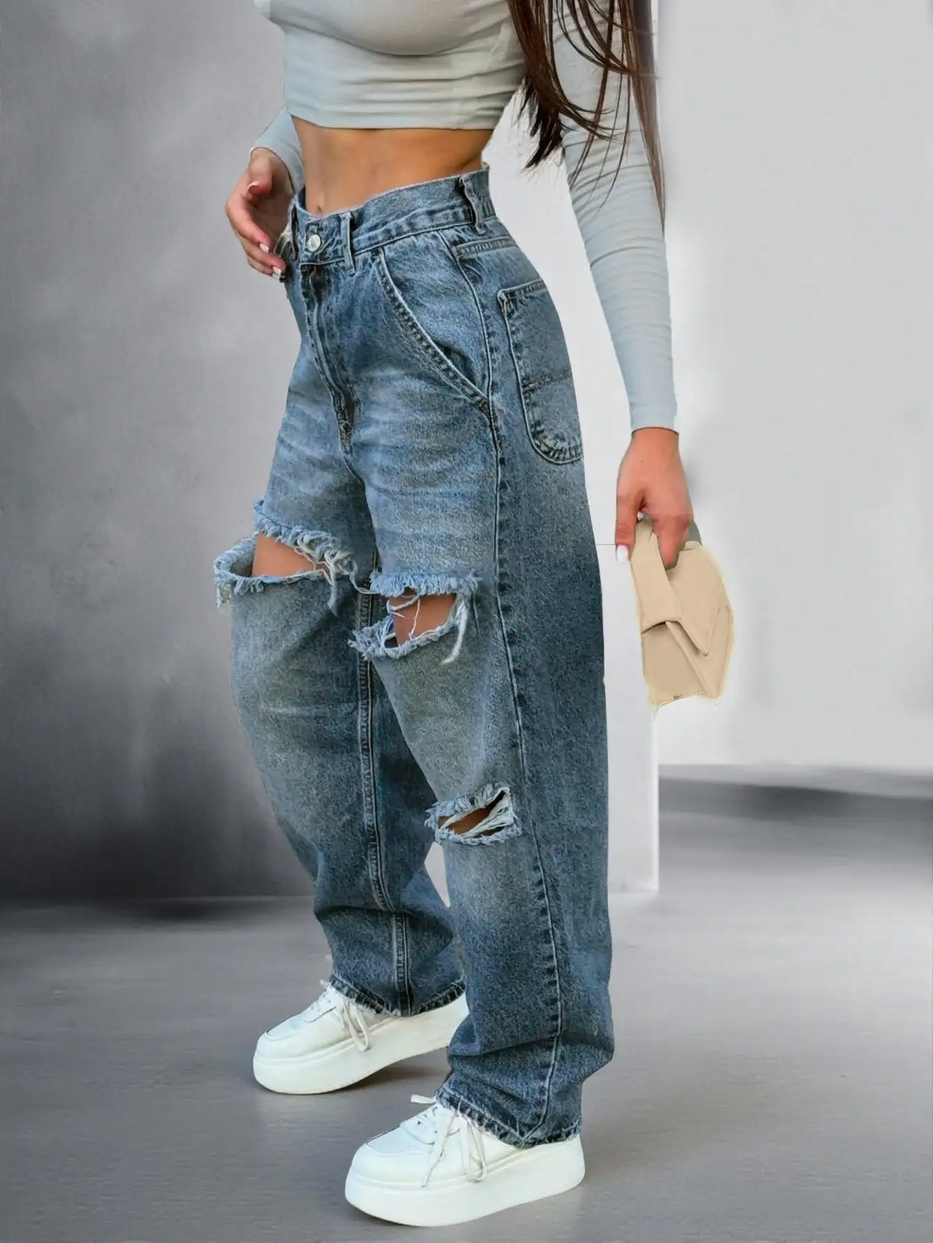 

Женские джинсы с высокой талией, свободного кроя, с рваными элементами и прямым силуэтом для повседневного уличного стиля