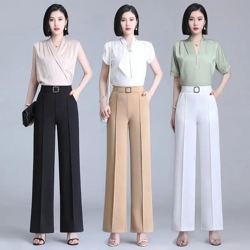 

Draped Sense Of ice Silk Wide Leg Trousers Women New High Waist Spring And Summer Thin Section Loose Straight Nine Trousers 2023