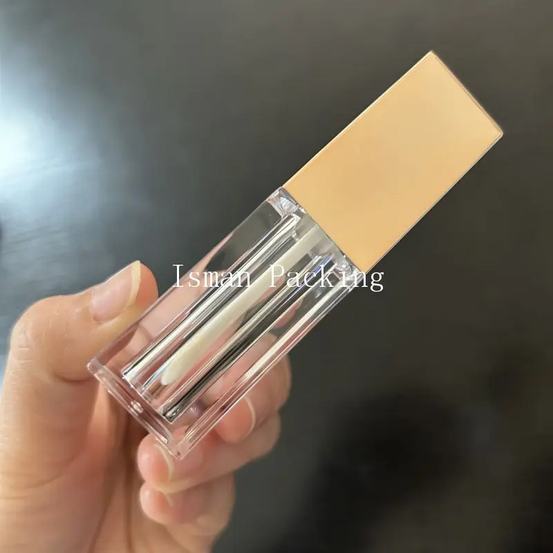 50Pcs Luxury Square Lip Gloss Bottle 5ml Empty Cosmetic Refillable Rose Gold Silver Lid Clear Plastic Lip Glaze Tubes With Brush