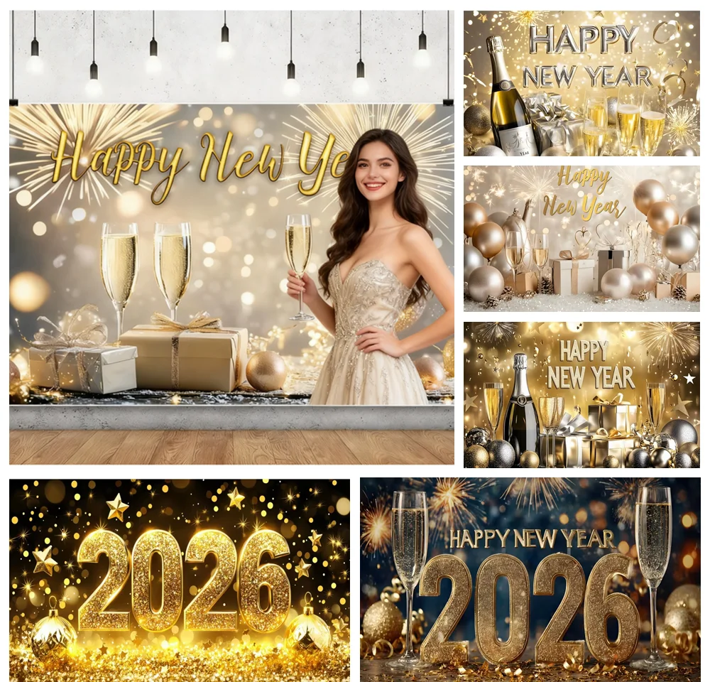 

2026 Happy New Year Party Background Golden Champagne Glitter Clock Balloon Home Party Banner Decoration Photography Backdrop