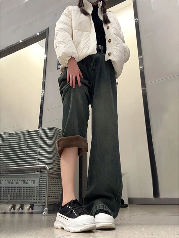 

Мужские джинсы-карго с флисовой подкладкой, прямые, свободного кроя, с расклешенными штанинами, средней посадки, зимние, модные