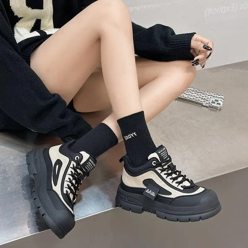 

Casual High-Top Leather Shoes Cotton Fleece Lined Sports Shoes Anti-Slip Rubber Sole round Toe Flat Heel Fashionable Boots