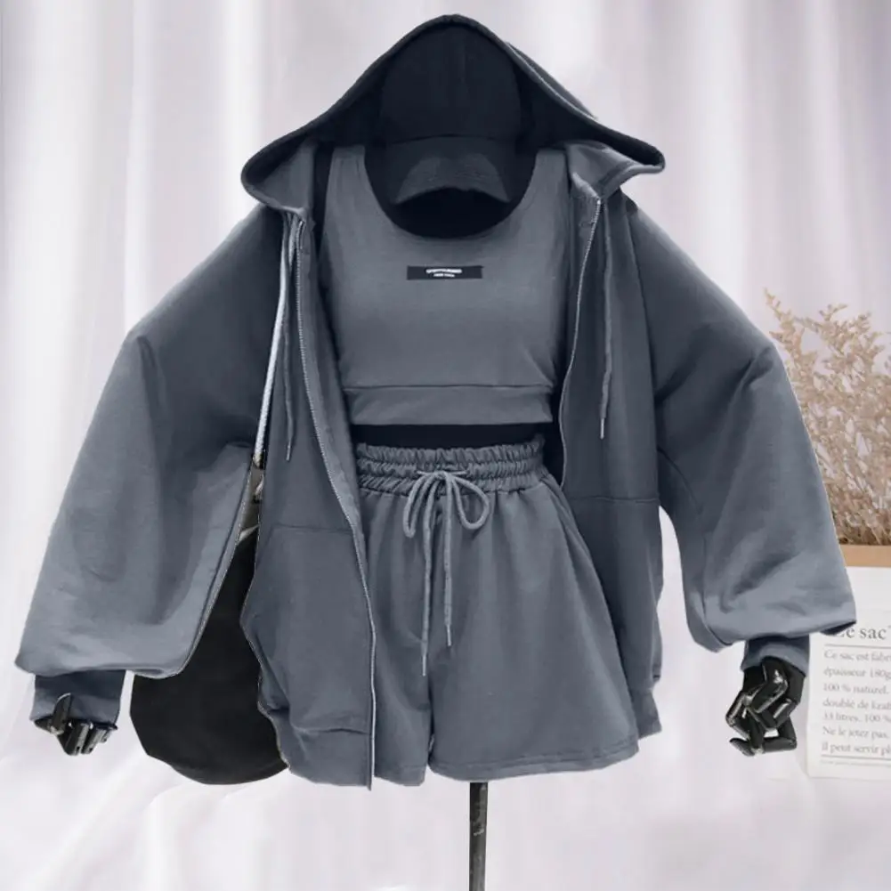 ชุดวอร์มกางเกงขาสั้นกีฬาลำลอง3ชิ้นชุดวอร์มกางเกงขาสั้นชุดออกกำลังกายฤดูใบไม้ร่วงสำหรับ2023ชุดสตรีทแวร์เสื้อมีฮู้ด