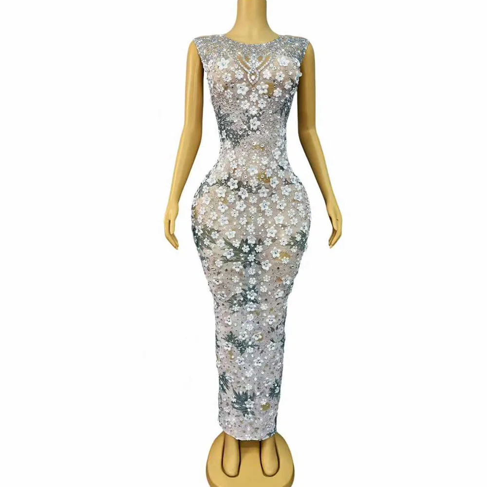 

Sexy Mesh See Through Sparkly Rhinestones Sleeveless Flower Dress Women Evening Prom Celebrate Birthday Dress Photoshoot Wear