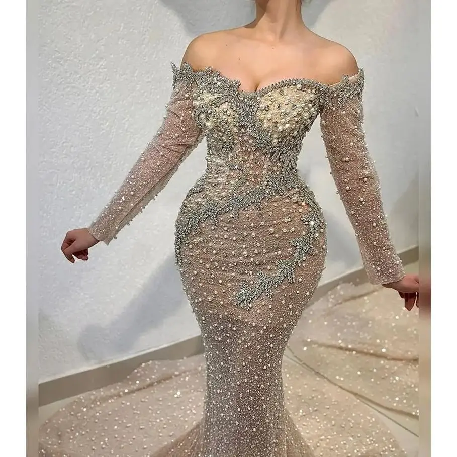 New Design Long Mermaid Evening Dresses Elegant Beads Pearls Luxury Gown For Women  vestidos de novia