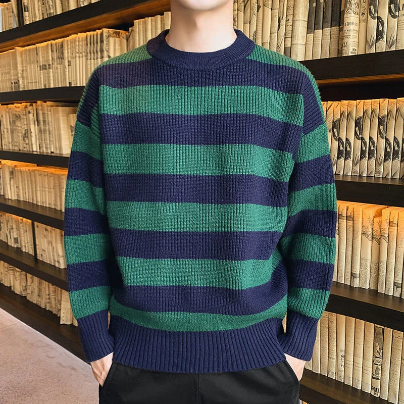 

Vintage Striped Sweater Men Korean Fashion Clothing Casual Winter Loose Knitted Pullover Men Autumn Winter Knit Thick Sweaters