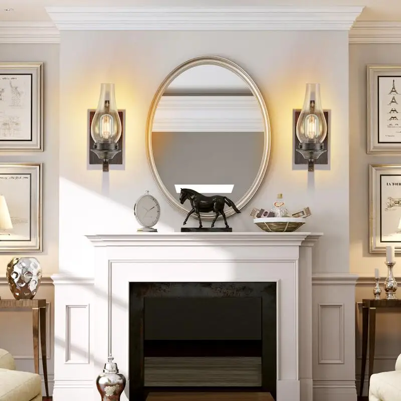 مجموعة شمعدانات جدارية للمزرعة الريفية مكونة من 2، مصابيح حائط صناعية عتيقة مع غطاء زجاجي شفاف، لمسة نهائية باللونين الأسود والذهبي #5