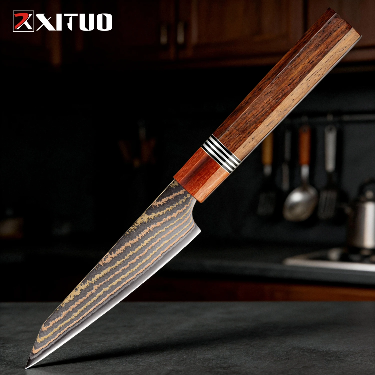 XITUO Utility Knife 5 Inch, 37-layer Copper Damascus Steel Sharp Kitchen Chef Knife for Paring Fruit,Vegetables, Rosewood Handle