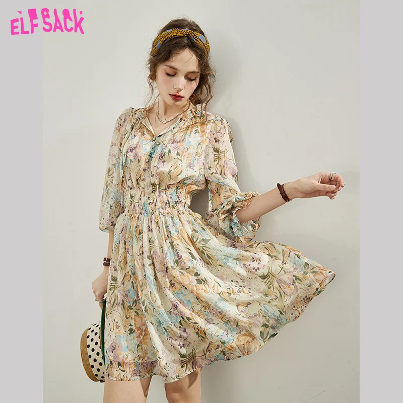 ELFSACK French Floral Dresses Women 2023 Spring Waist Long Sleeve Daily Dress