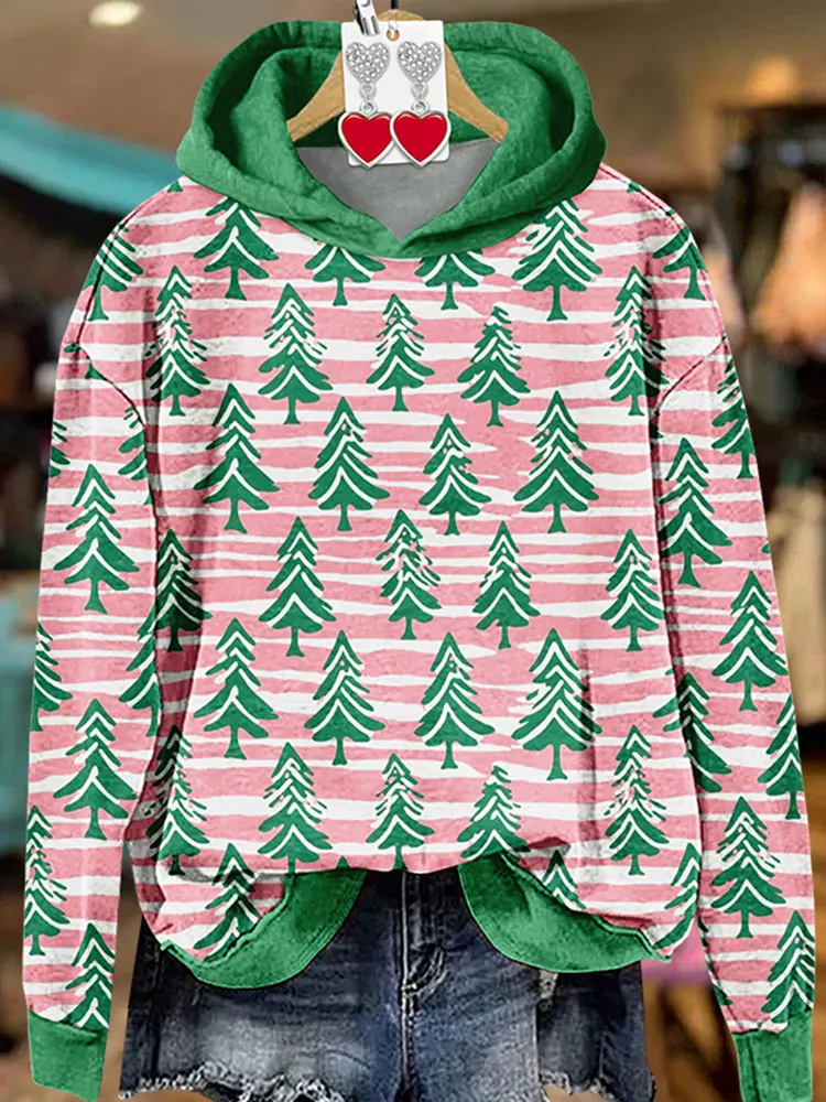 Contrast Christmas Tree Print Hoodie