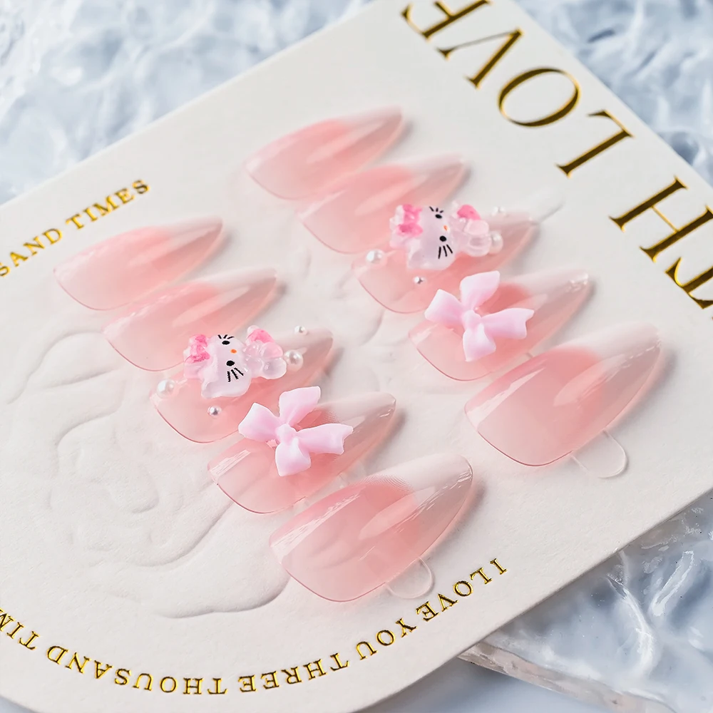 24枚入りミディアムアーモンドシェイプ3Dハローキティフェイクネイルボウリボンピンクホワイトフレンチフルカバーフェイクネイルアクリルつけ爪セット