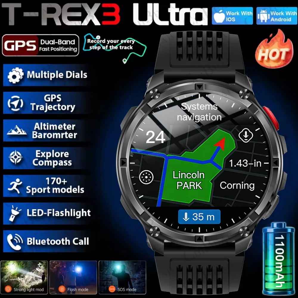 

2026 New T-Rex3 Pro 1100mAh Battery Smart Watch GPS path 5ATM Waterproof Sports Run tracker Outdoors Compass Military Smartwatch