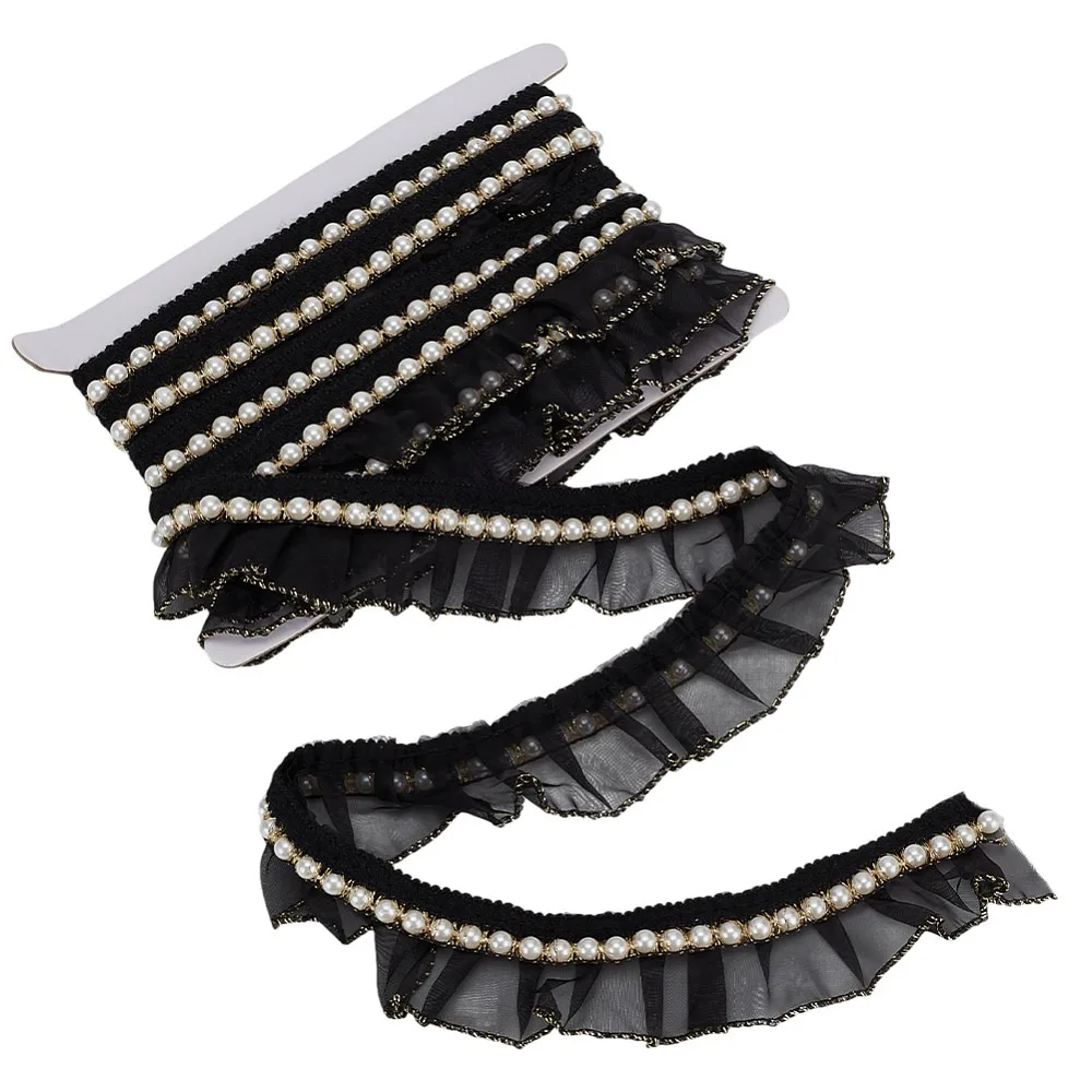 4 Yards Chiffon Pleated Lace Ribbon with Plastic Beads Black 1-3/4 inch(45mm)
