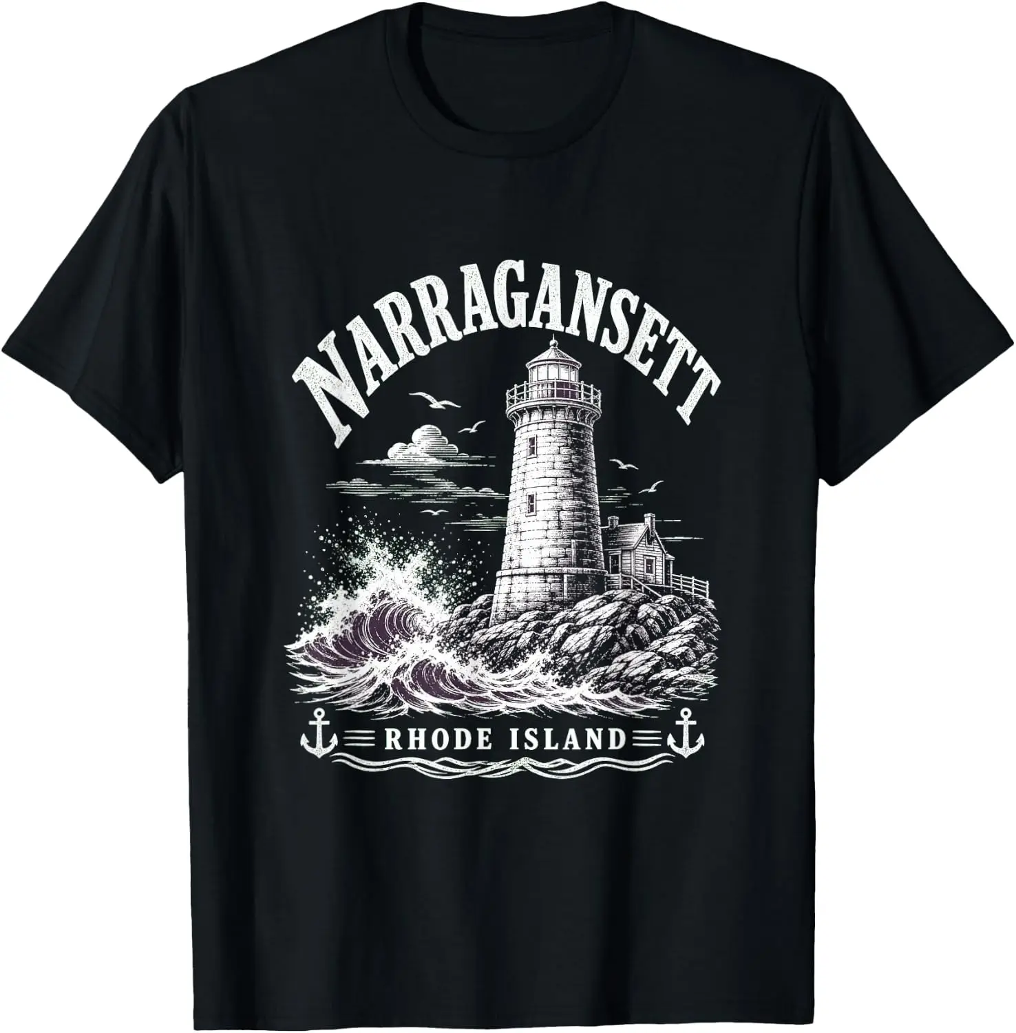 Narragansett Rhode Island Lighthouse Shirt With Anchors T-Shirt Men Women Unisex Novelty Graphic T‑Shirt, Classic Crew Neck 100% Cotton Tee, Lightweight Anti‑Pilling Breathable Casual Tops, Year‑Round Daily Outfit, Holiday Birthday Present Tee