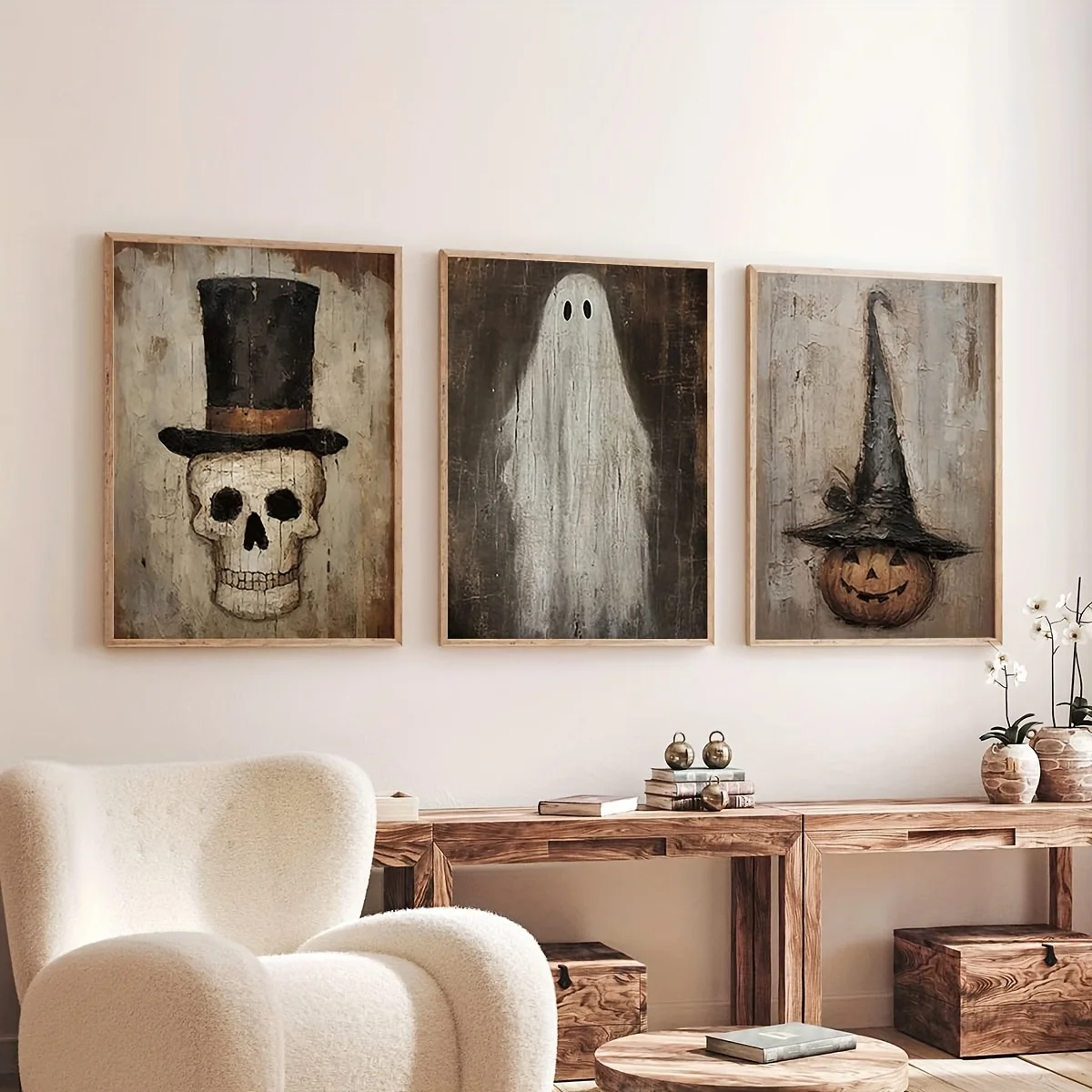 فرملس [ديكور الهالوين العتيق] طقم مكون من 3 قطع ديكور حائط عتيق للهالوين |   الهياكل العظمية والأشباح والمطبوعات الفنية على شكل فانوس اليقطين - مخيف
