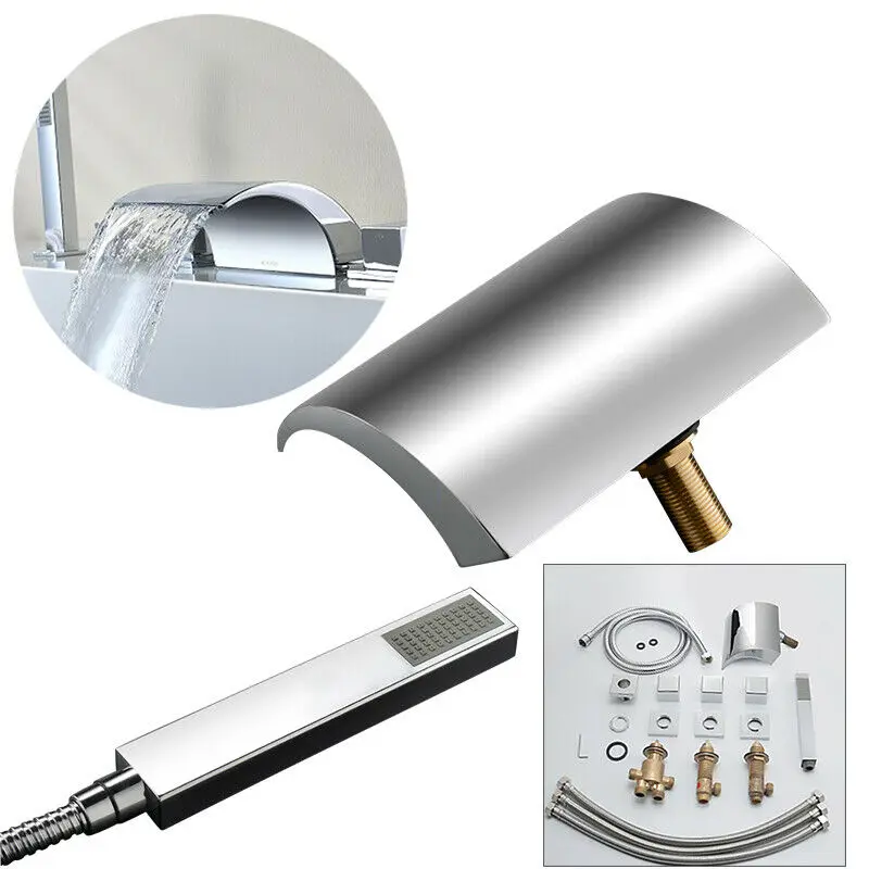 5 Hole Bathroom Bathtub Waterfall Faucet Chrome Sink Mixer Tap &Hand Shower