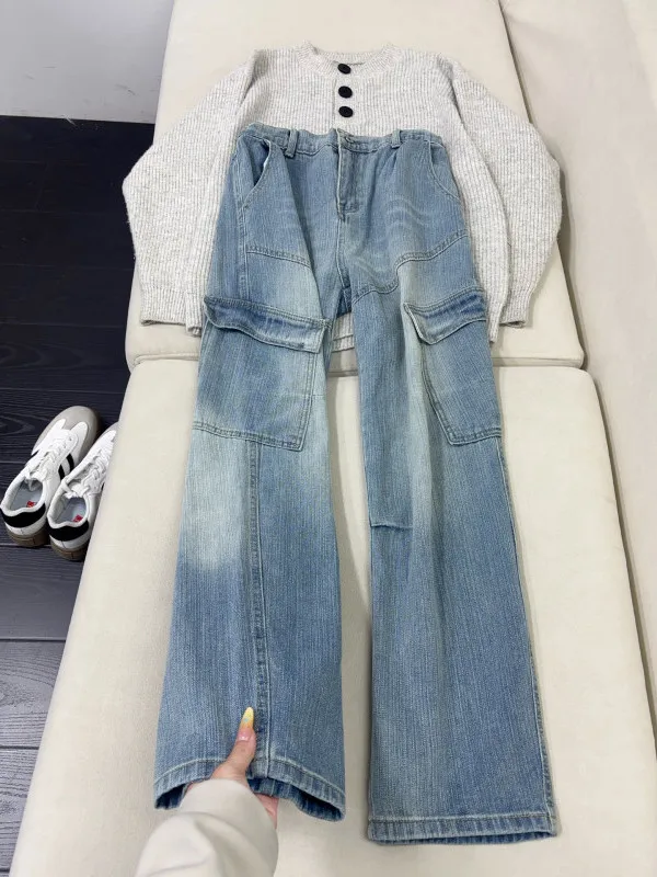 

Blue Bamboo Bud Pattern Workwear Jeans Men's Autumn Winter Straight Leg Wide Leg Pants Cleanfit Sle mid Waist Zipper Fly