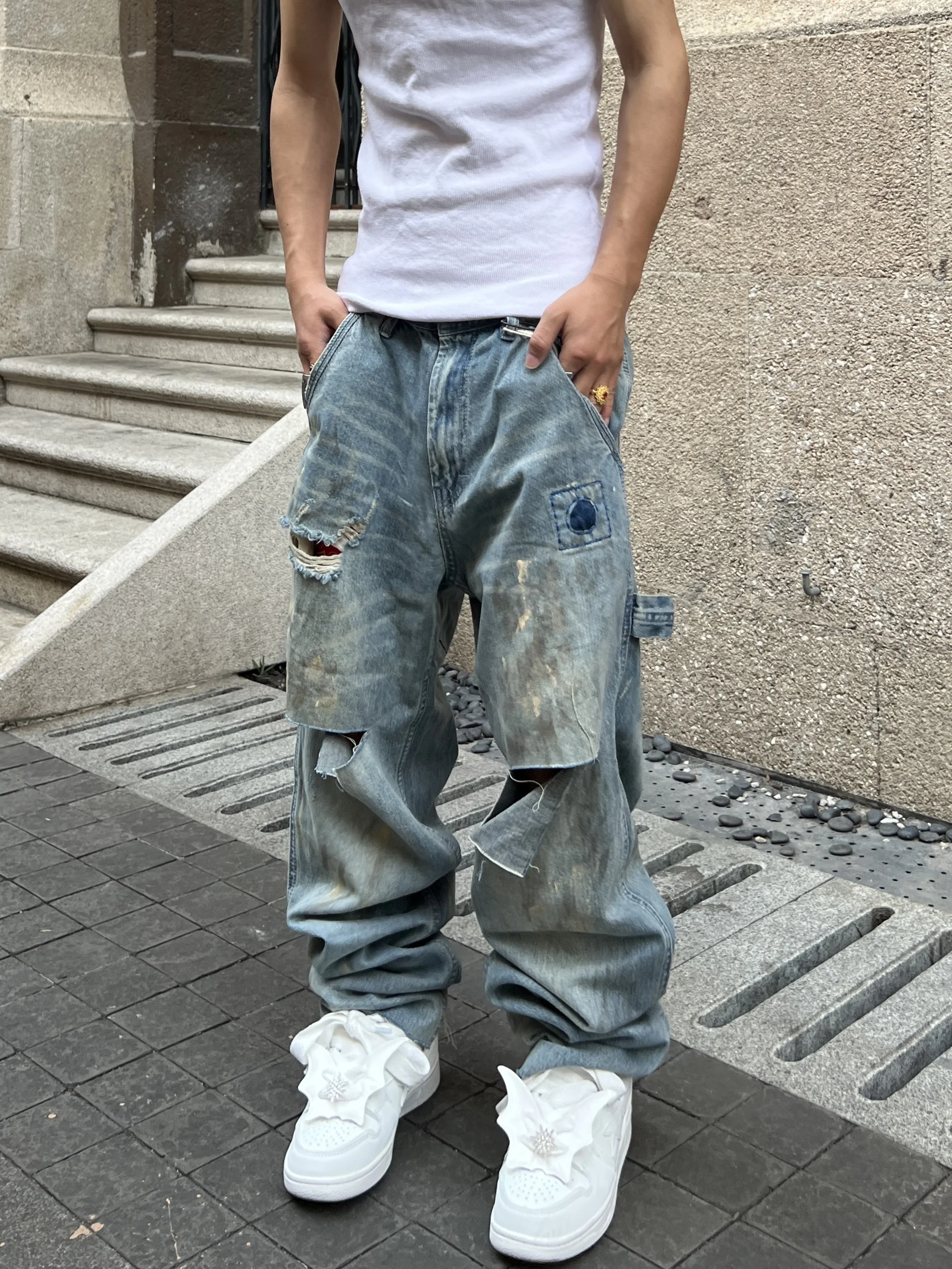 

Мужские джинсы ZILINGF в винтажном американском стиле, с эффектом пэчворк, из плотного денима, с эффектом разрыва и брызг чернил, дышащие...