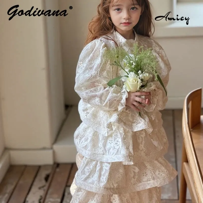 Sweet Baby Girls Vintage Fashion Spring and Autumn Dress Kids Long Sleeve Lace Floral Embroidery Elegant Princess Layered Dress