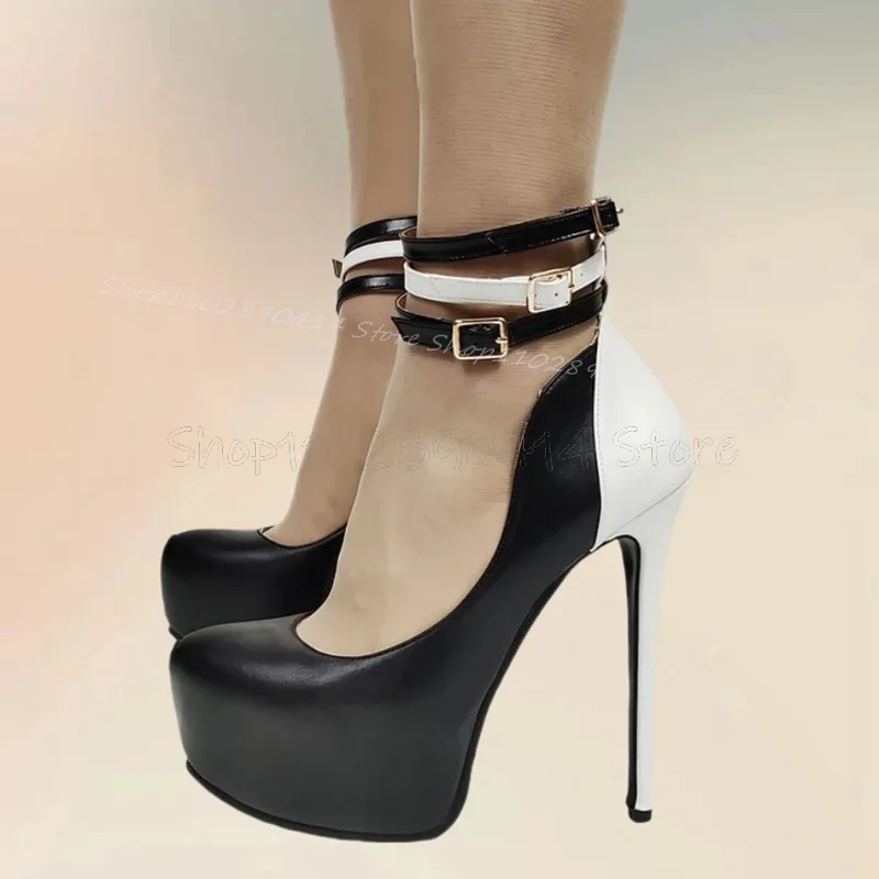 

Black White Matte Leather Round Toe Platform Pumps Ankle Buckle Strap Women Shoes Thin High Heels Sexy 2025 Zapatos Para Mujere