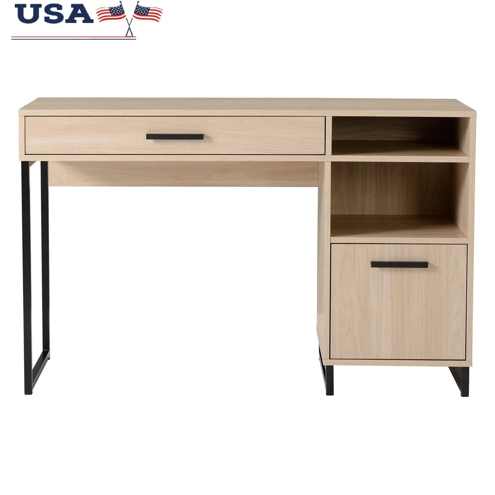 

Wood Metal Writing Desk with Storage Drawer and Door Home Office Study Room Adult Teen Workspace
