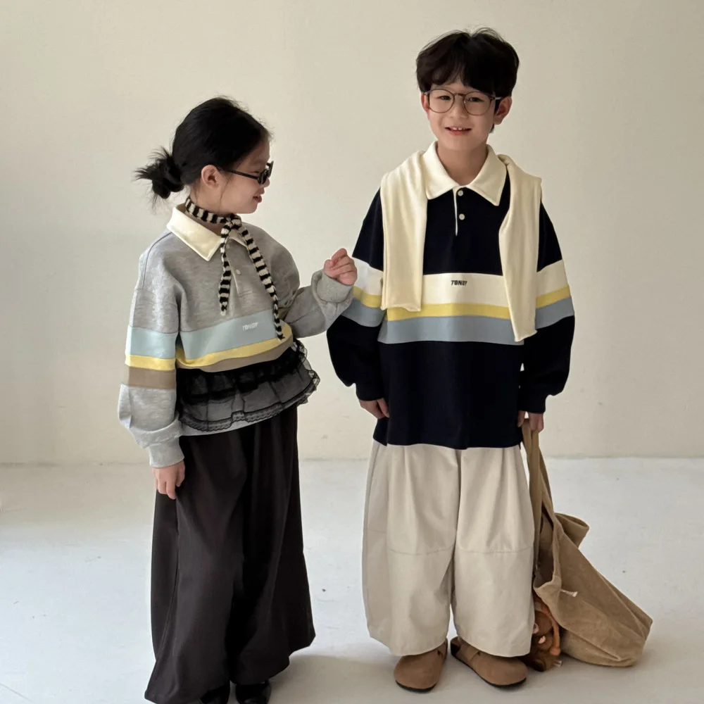 Kids Polo Hoodie 2025 Autumn Boys Girls Korean Style Wide Stripes Letter Print Casual Loose Pullover Children Collar Sweatshirt