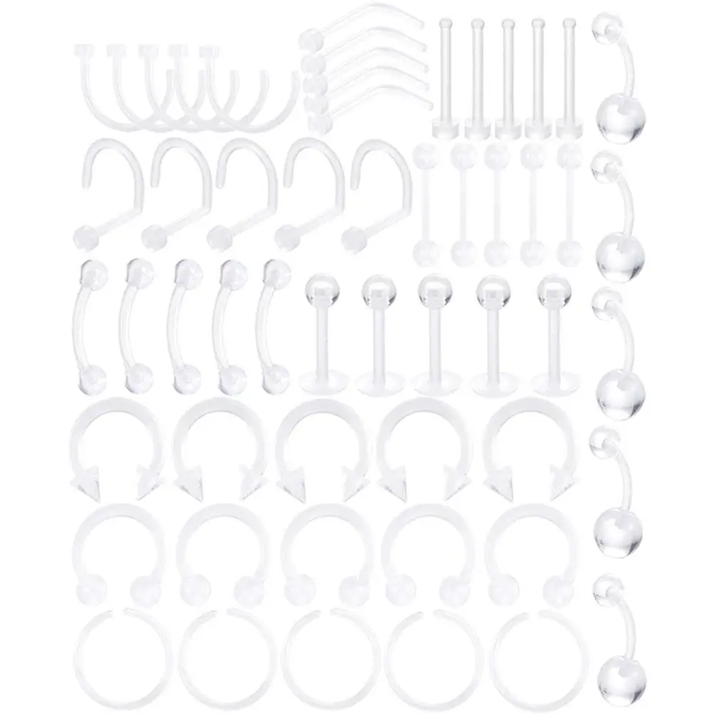 1/55Pcs Set Clear Piercing Retainers Flexible Bioflex Navel Belly Button Lip Eyebrow Tongue Barbells Cartilage Tragus Earrings