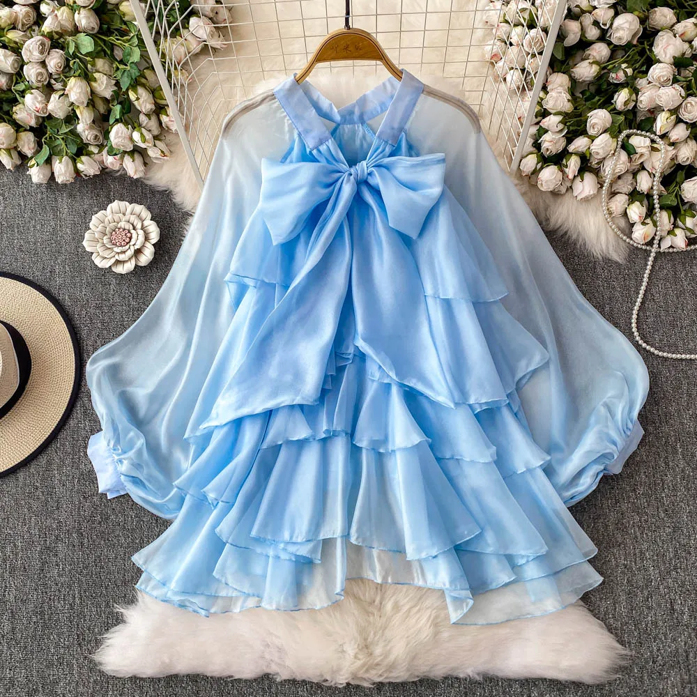 

SuperAen Korean Style Summer New Blue Bow Lantern Sleeve Shirt for Women Elegant Sweet Ruffled Loose Tops