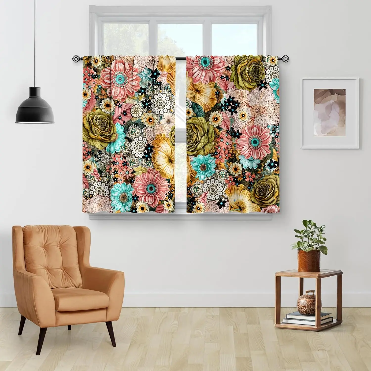 Boho Bohemian Flower Kitchen Curtains - Mandala Colorful Floral Rustic Spring Art Short Cafe Tier Curtains Decor for Living Room