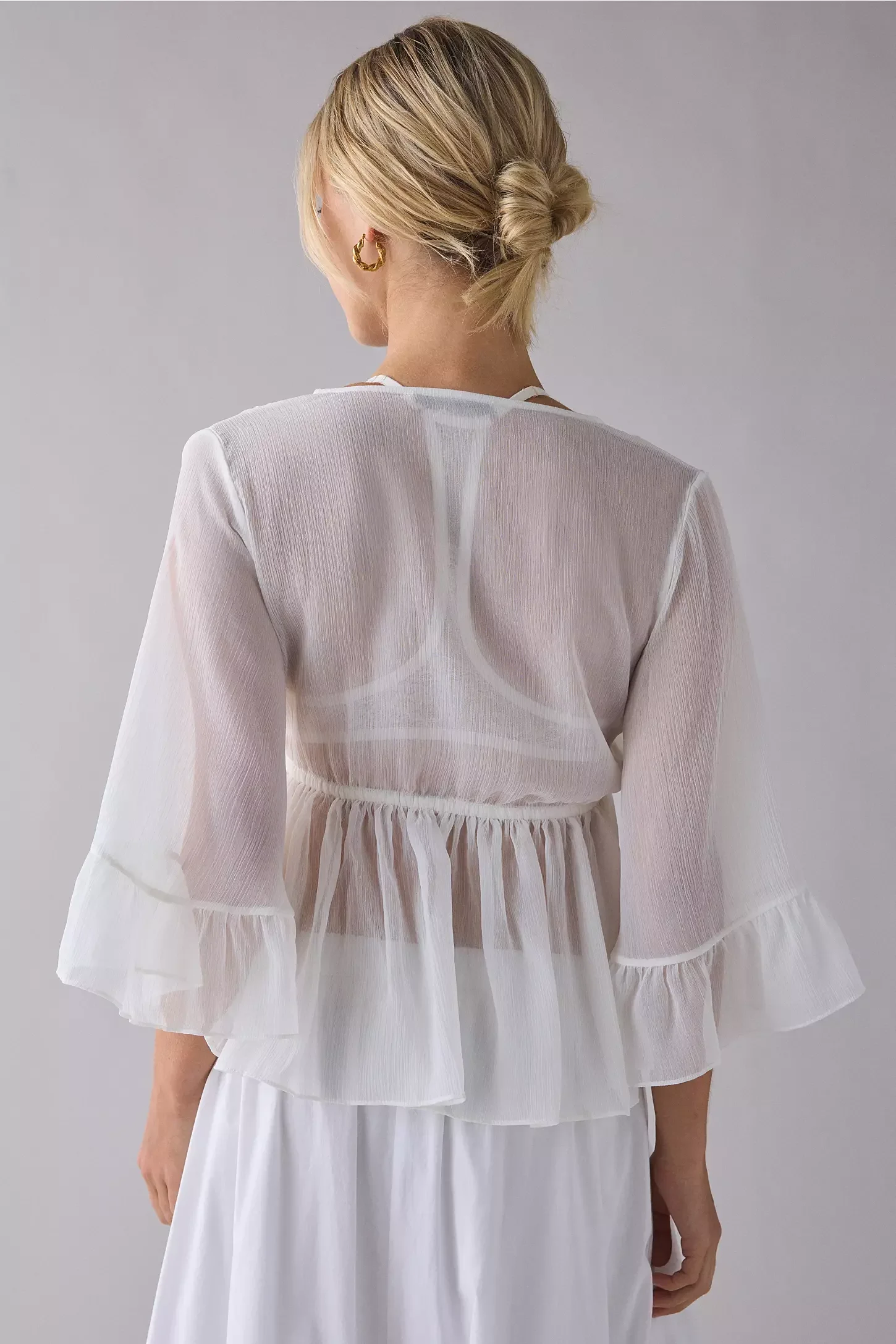 

Women's Sheer Chiffon Tops Fashionable Solid Color Deep V Neck Bell Sleeve Ruffle Tie Front Blouse